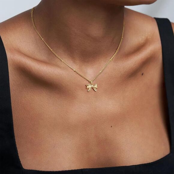 Gold Necklace Bow Knot Necklace Trendy 14K Dainty Tiny Bow Pendant Chain Gift - Picture 5 of 8